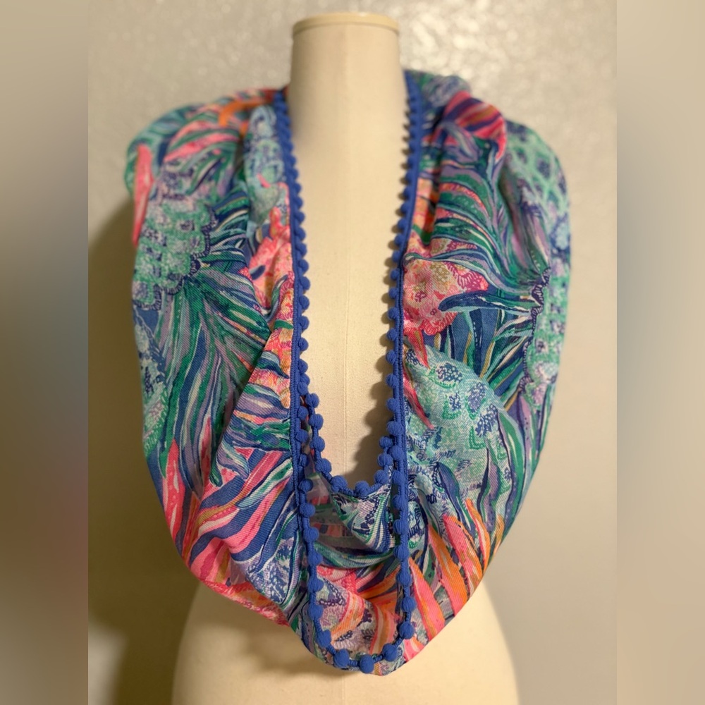 Lilly Pulitzer Pink and Green Floral Scarf with Blue Accents